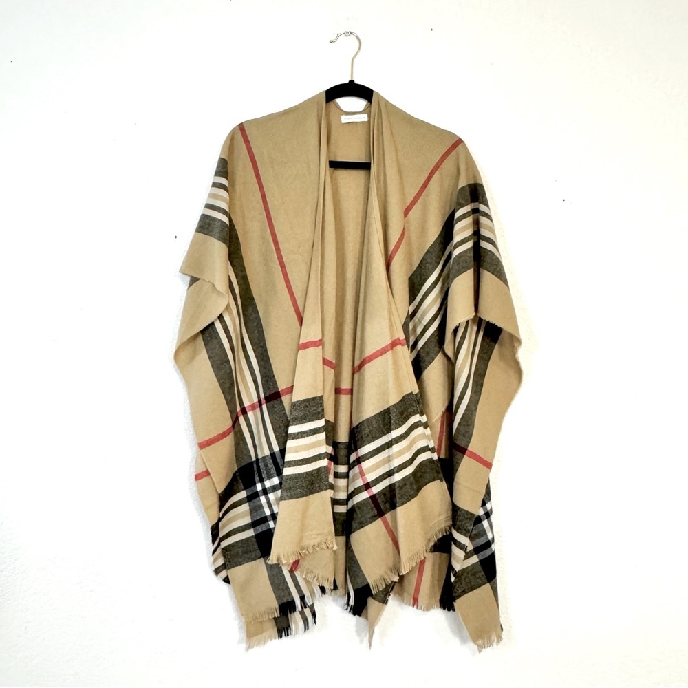 Tan Border Plaid Tan Wrap Poncho with Fringe - Women’s OS